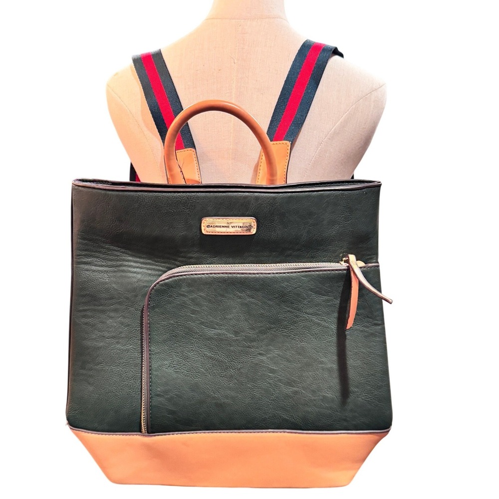 Adrienne Vittadini Green Faux Leather Bucket Backpack Bag with Tan Accents vegan